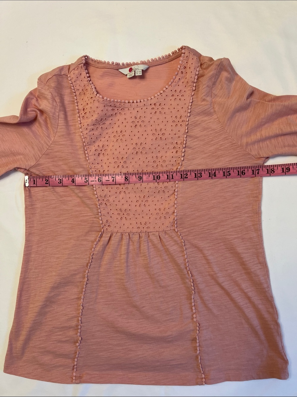 Boden Cleo Broderie Slub Jersey Top Pink Eyelet Cotton Lace Long Sleeve US 6R - Picture 10 of 14